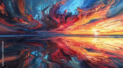 A painting of a sunset with a reflection of the sky on the water