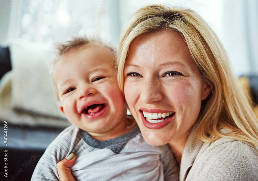 Baby, mother and laugh in house with hug or happiness for motherhood, growth or wellness of child. Toddler, woman and excited in home for support, care and bonding together with love, smile and relax