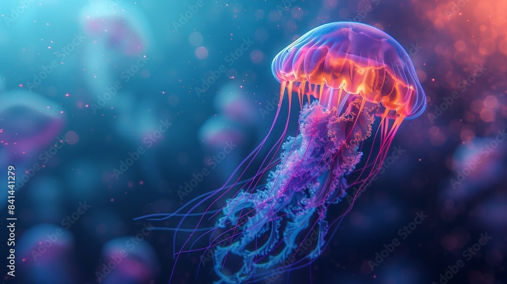 Naklejka premium Glowing Jellyfish Floating in Deep Ocean with Colorful Bioluminescent Tentacles, Peaceful Underwater Scene, and Marine Wildlife