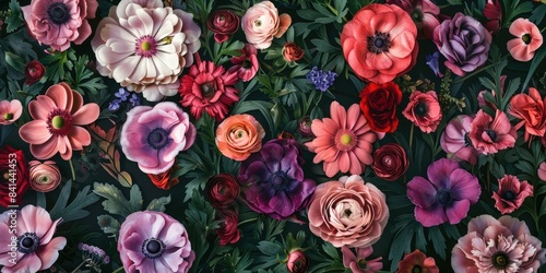 A variety of flowers are depicted in the image. The flowers are mostly pink, purple, and red. Some of the flowers are closed buds, while others are fully open. The background is dark green. © jp