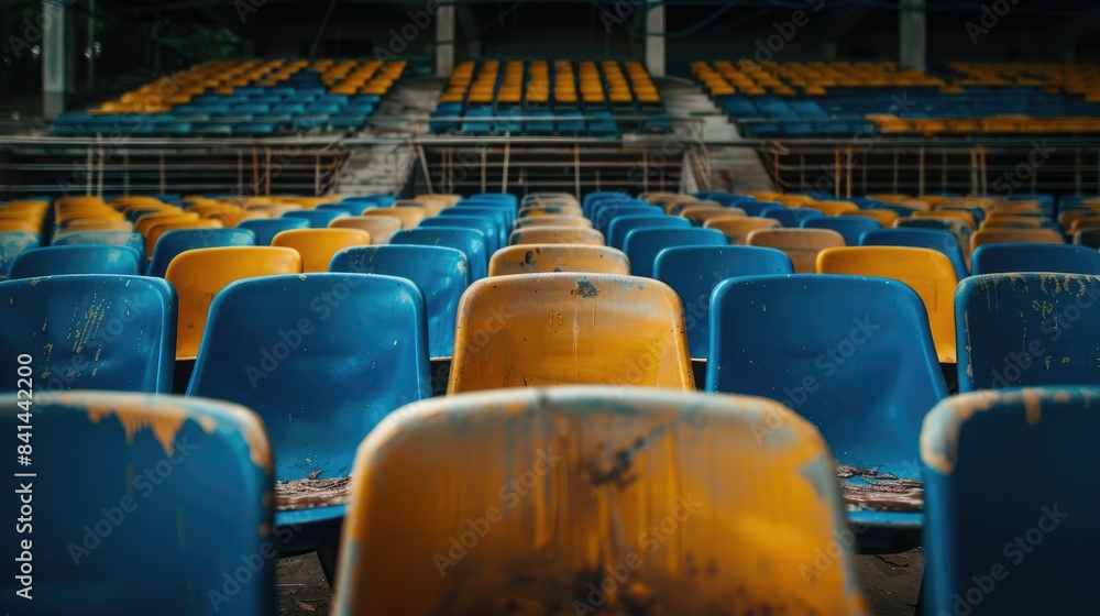 Naklejka premium School stadium with vacant blue and yellow seats