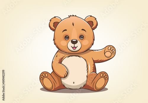 Vector cartoon plush cute beautiful little kind cuddly teddy bear with raised front paw, wants to say hello. Gift sitting favorite soft toy. Graphic sticker. Light background.