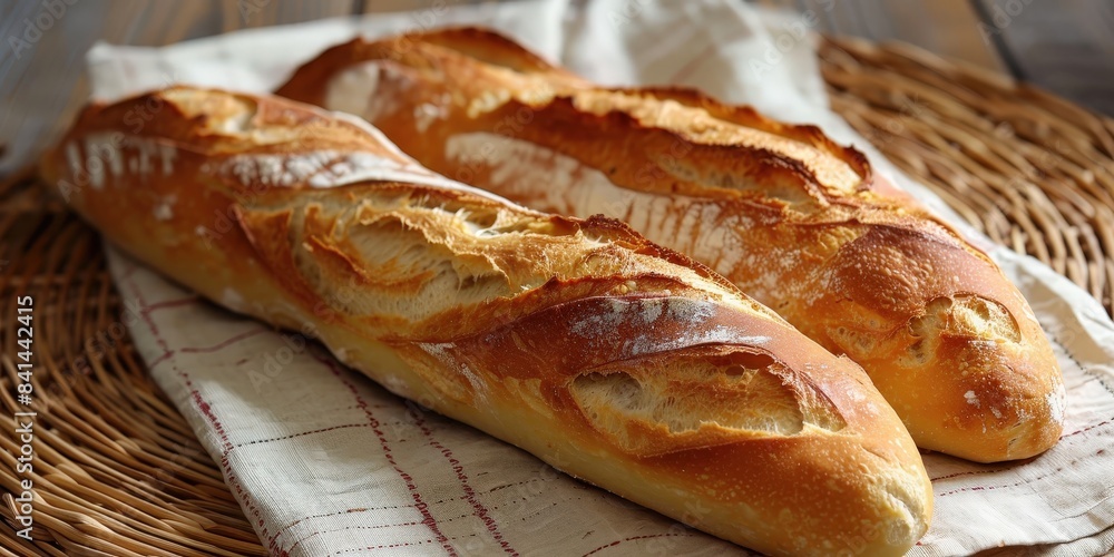 Two baguettes on a cloth napkin. Two baguettes on a cloth napkin.