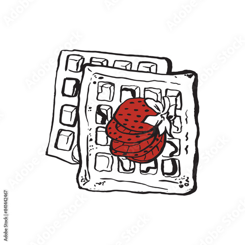Vector illustration of Belgian waffles with syrup and strawberries. A simple sketch on a white background. Restaurant menu, cafe, packaging.