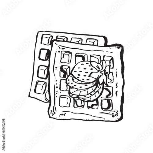Vector illustration of Belgian waffles with syrup and strawberries. A simple sketch on a white background. Restaurant menu, cafe, packaging.
