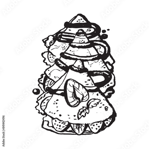 Sweet thin Crepes with syrup and strawberries. View from above. Vector illustration on a white background. Russian pancakes or French crepes sketch. A picture for a restaurant menu, packaging, cafe.