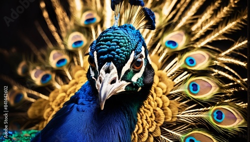 peacock feather and feathers gold accents, large close-up of a peacock face