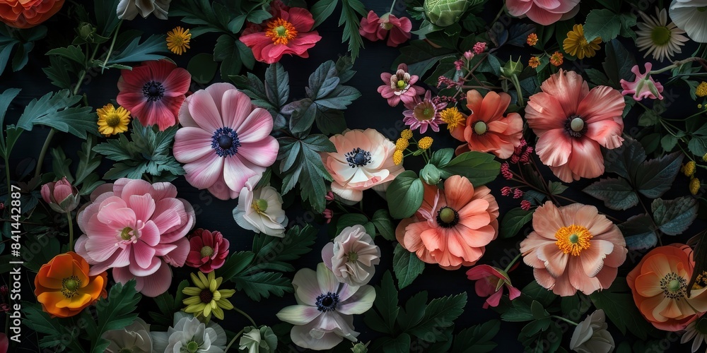 A variety of flowers are depicted in the image. The flowers are mostly pink, purple, and red. Some of the flowers are closed buds, while others are fully open. The background is dark green. A variety of flowers are depicted in the image. The flowers are mostly pink, purple, and red. Some of the flowers are closed buds, while others are fully open. The background is dark green.