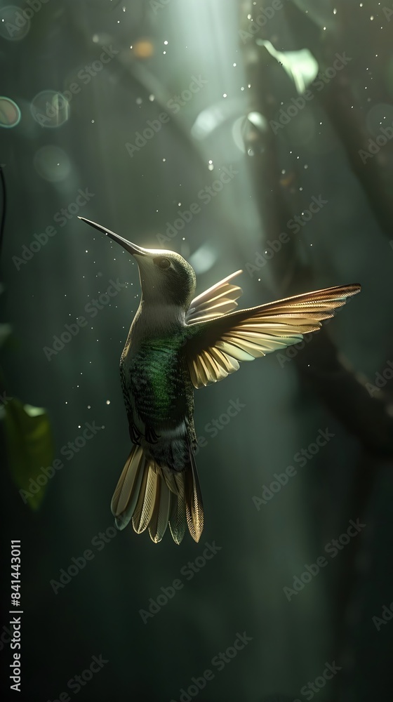 Fototapeta premium Ethereal Hummingbird:Captivating Avian Hovering in Mystical Light and Mist