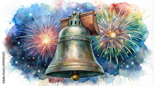 Watercolor illustration of the Liberty Bell with a backdrop of colorful fireworks