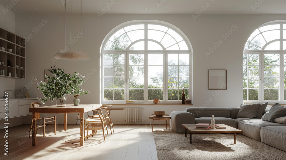 Spacious living room with large windows and cozy decor Spacious living room with large windows and cozy decor