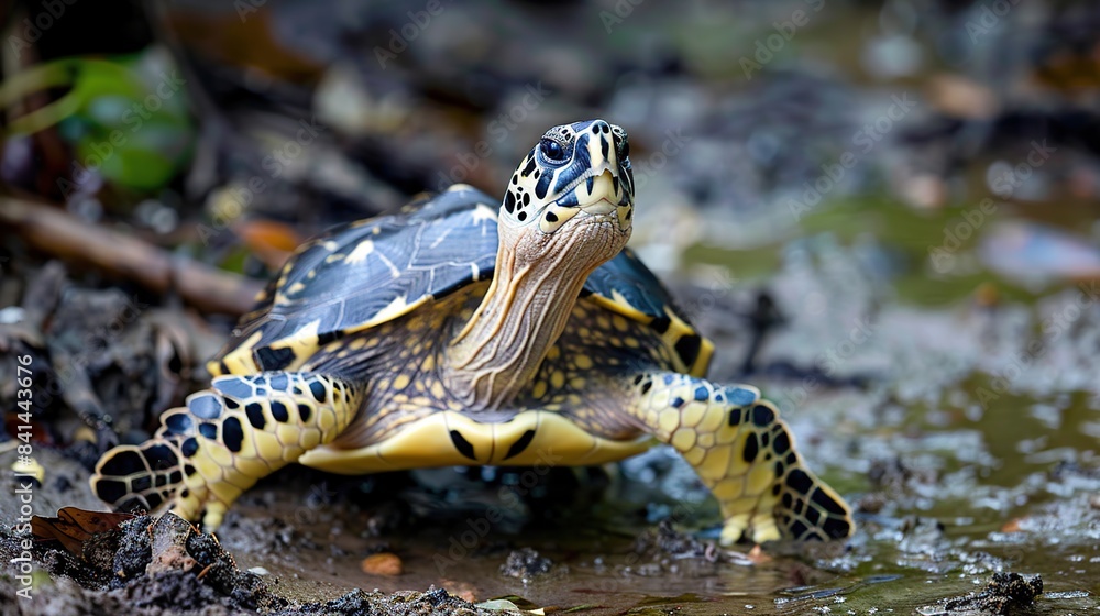 A wary Hawksbill turtle, Offset . Generative Ai A wary Hawksbill turtle, Offset . Generative Ai