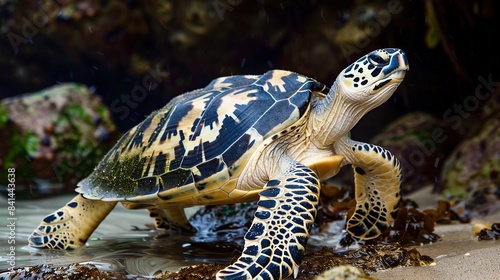 A wary Hawksbill turtle, Offset . Generative Ai photo