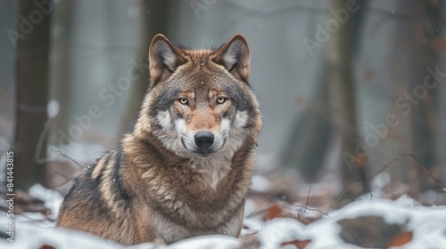 Cute wolf in winter and there is snow in the middle of the forest. Generative Ai