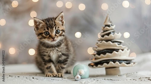 Adorable tabby colored kitten sits with ceramic New Year Tree. Generative Ai