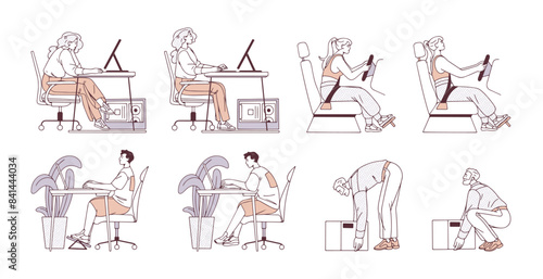 Correct and incorrect postures side view set. Right and wrong positions of sit at desk, work on computer, driving car, lift objects. Flat isolated contour vector illustrations on white background