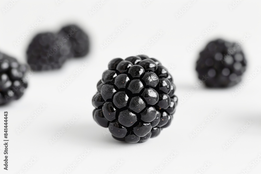 Close up of fresh blackberries set against a white background, showcasing their vibrant color and juicy quality perfect for a healthy snack Close up of fresh blackberries set against a white background, showcasing their vibrant color and juicy quality perfect for a healthy snack