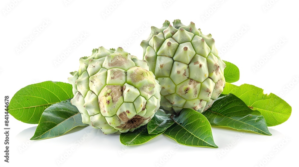Obraz premium Fresh cherimoya fruit with green leaves on white background. Perfect for healthy food concepts. This image features bright colors and high detail for food stock photography. AI