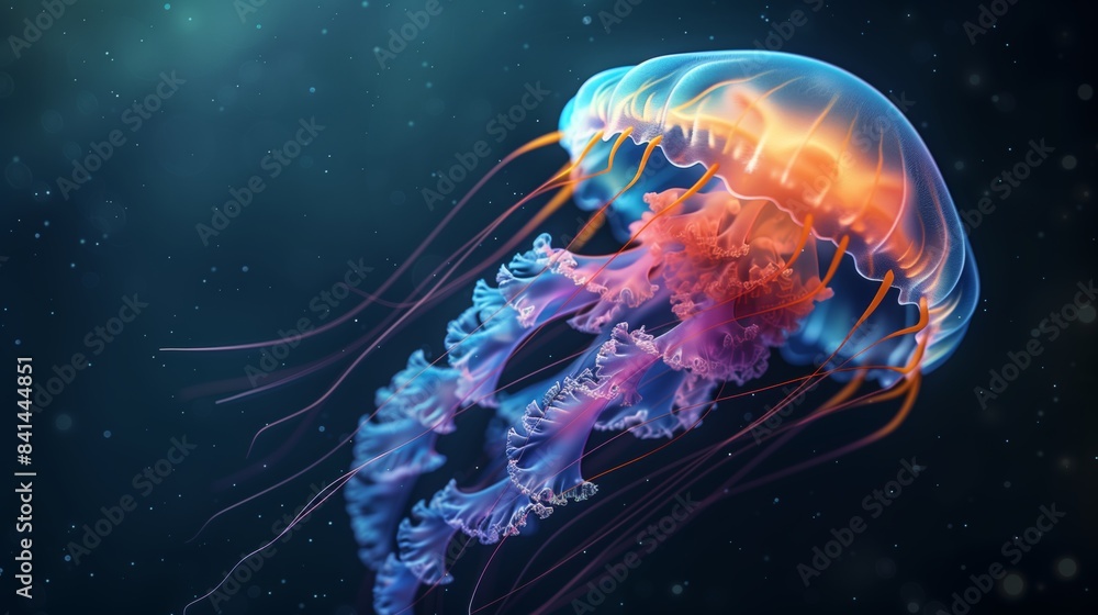 Naklejka premium Glowing Jellyfish Drifting in Deep Blue Ocean, Colorful Bioluminescent Tentacles, Peaceful Underwater Scene, and Marine Life