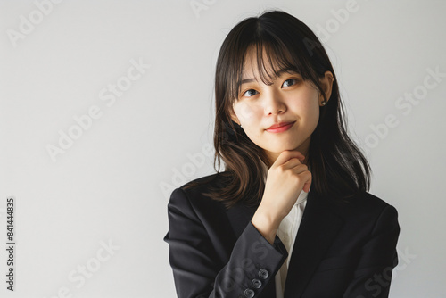 a woman in a black jacket and white shirt