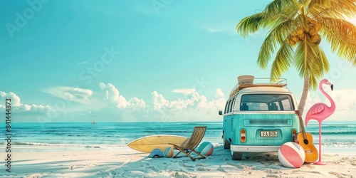 There is a beach with a blue van, a surfboard, a beach chair, a flamingo float, a ball, a guitar, and a palm tree. 
