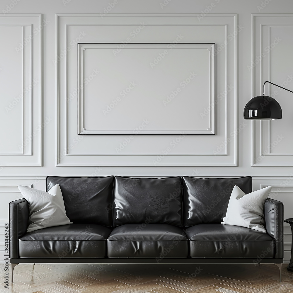 Fototapeta premium Sophisticated Black Leather Couch with White Cushions Frame Mockup in Decorative Molded Wall Interior