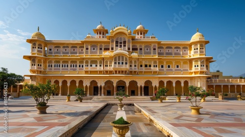A large yellow building with a courtyard in front of it photo