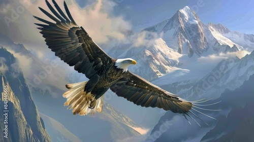 A majestic eagle is soaring through the sky above a snowy mountain range