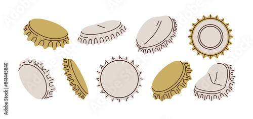 Metal bottle caps set. Metallic circle lids, round crowned beer corks. Chrome and gold plug, cover views from back, front sides. Realistic flat graphic vector illustration isolated on white background