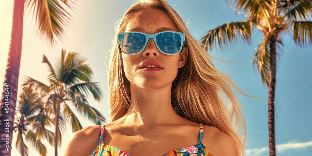 This is a picture of a woman, with long blond hair, wearing blue sunglasses, and a colorful floral bikini top. There are palm trees in the background This is a picture of a woman, with long blond hair, wearing blue sunglasses, and a colorful floral bikini top. There are palm trees in the background