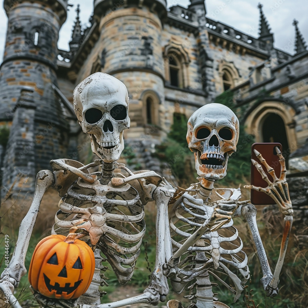Two scary old bony skeletons take a selfie photo on their phone, hold an orange Halloween pumpkin, against the background of an ancient abandoned castle Two scary old bony skeletons take a selfie photo on their phone, hold an orange Halloween pumpkin, against the background of an ancient abandoned castle