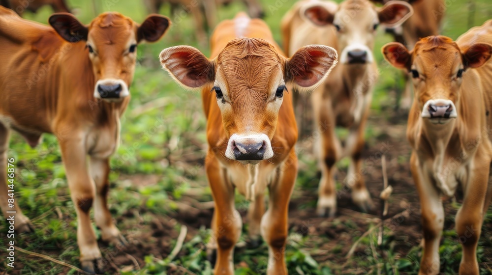 Close up view of young brown cows standing in an organic rural farmland for food production through natural livestock farming methods Close up view of young brown cows standing in an organic rural farmland for food production through natural livestock farming methods