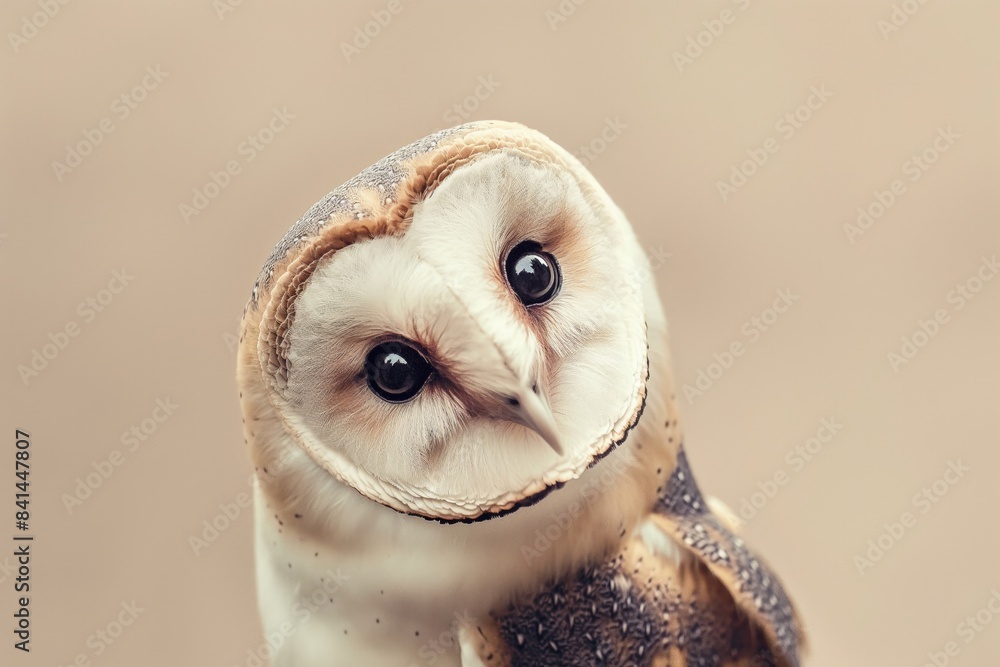 Fototapeta premium Beautiful young white owl tilting its head, seemingly curious about something in its environment. The blurred background emphasizes the bird