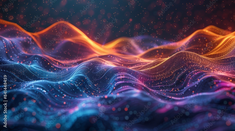 Abstract digital landscape with vibrant colorful waves and glowing dots, representing a futuristic and technological background. Abstract digital landscape with vibrant colorful waves and glowing dots, representing a futuristic and technological background.