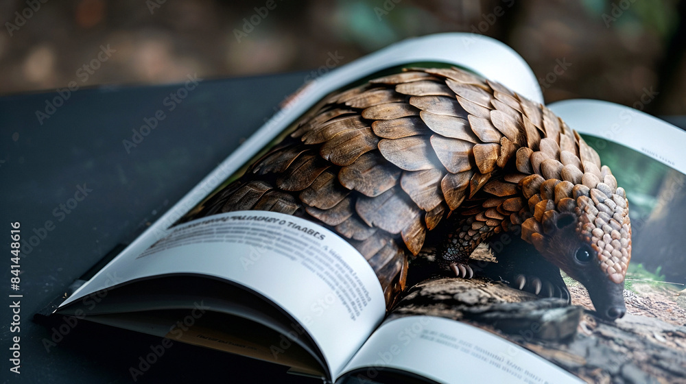 Pangolin on wood in close-up from an open book Pangolin on wood in close-up from an open book