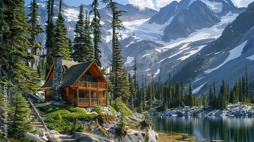 Obraz premium Scenic cabin in Kokanee Glacier Park with mountain background