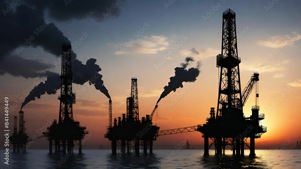 Obraz premium Oil platforms with sunset
