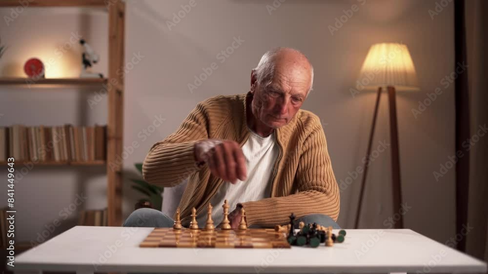 Watch an Elderly Man Engaged in a Game of Chess in a Warm and Cozy Room in this Stock Video Watch an Elderly Man Engaged in a Game of Chess in a Warm and Cozy Room in this Stock Video