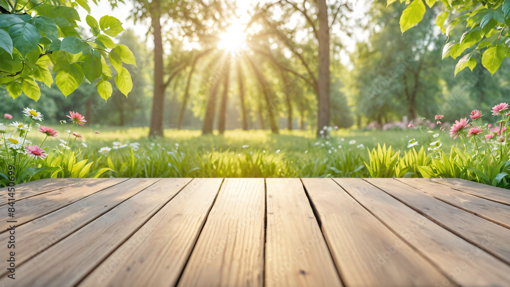 Empty Wooden Table for Product Display with Spring Nature Bokeh Background, Green Park, Sunny Day, and Blurred Abstract Garden Landscape for Advertisement and Simulated Space Concepts. Empty Wooden Table for Product Display with Spring Nature Bokeh Background, Green Park, Sunny Day, and Blurred Abstract Garden Landscape for Advertisement and Simulated Space Concepts.