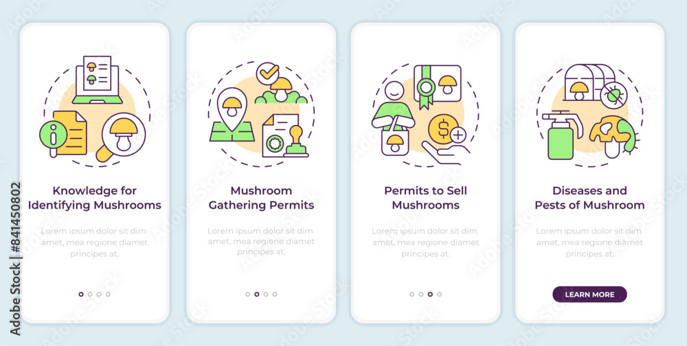 Mushroom management and regulation onboarding mobile app screen. Walkthrough 4 steps editable graphic instructions with linear concepts. UI, UX, GUI template. Montserrat SemiBold, Regular fonts used Mushroom management and regulation onboarding mobile app screen. Walkthrough 4 steps editable graphic instructions with linear concepts. UI, UX, GUI template. Montserrat SemiBold, Regular fonts used