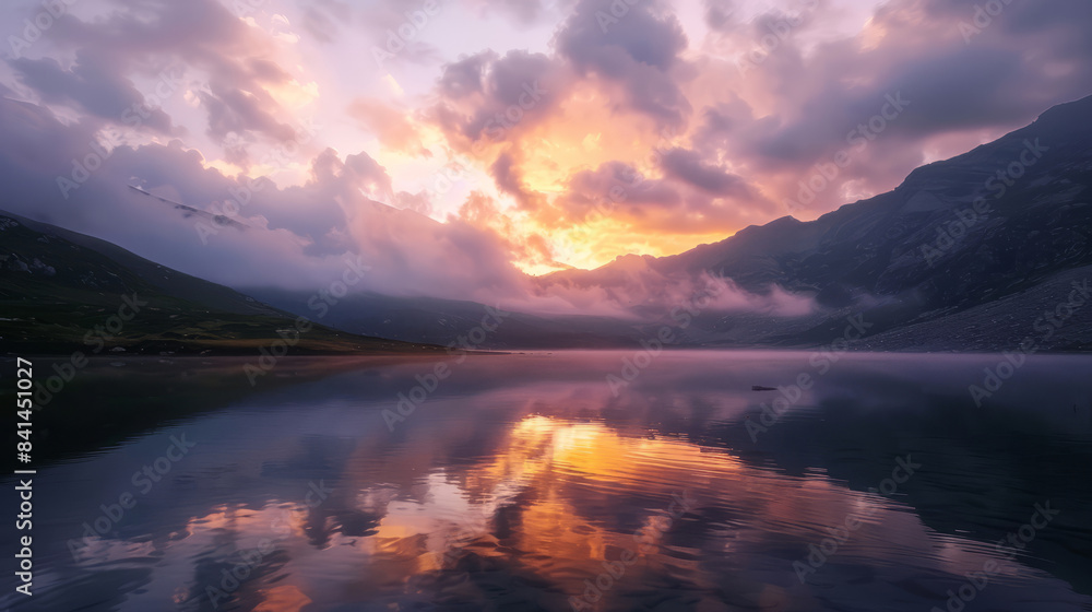 Stunning sunrise over alpine lake in French Pyrenees mountains