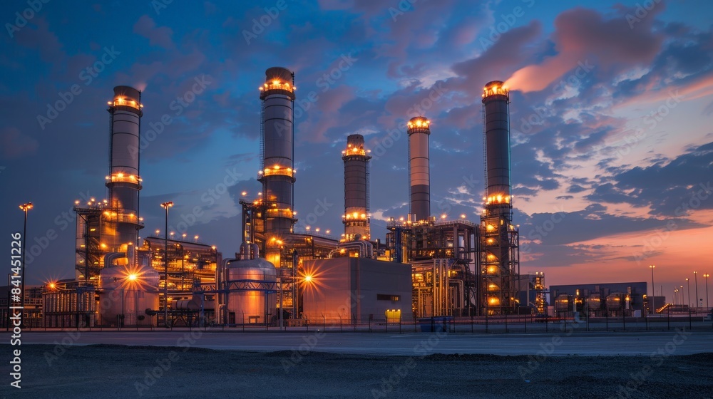 Fototapeta premium A long exposure photo capturing the bustling activity around a gas turbine power plant at dusk