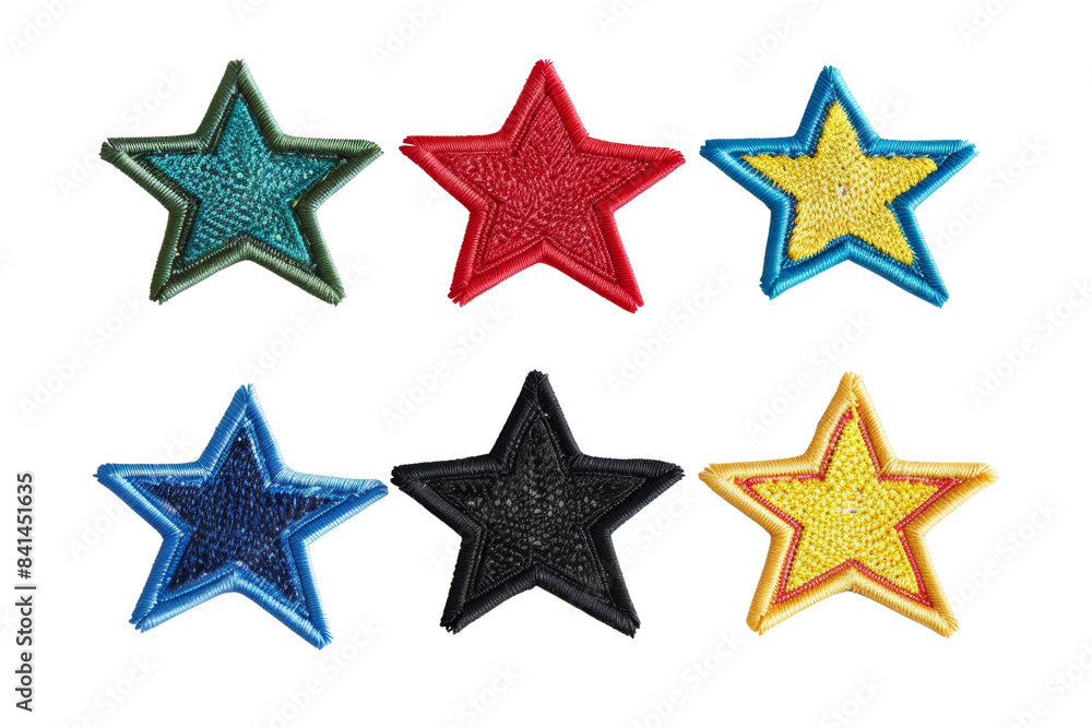 Colorful star-shaped fabric patches. Set of six embroidered stars in various colors on a transparent background, perfect for crafting or decoration. Colorful star-shaped fabric patches. Set of six embroidered stars in various colors on a transparent background, perfect for crafting or decoration.