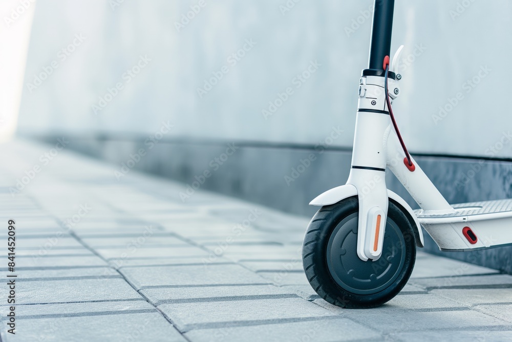 White electric scooter is parked on a city sidewalk, providing a convenient and eco-friendly mode of transportation for urban dwellers White electric scooter is parked on a city sidewalk, providing a convenient and eco-friendly mode of transportation for urban dwellers
