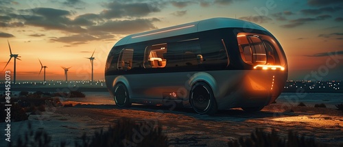 Advanced RV with a selfdriving system, retractable smart furniture, and ecofriendly design, traveling through a landscape of bioluminescent forests and futuristic wind turbines photo
