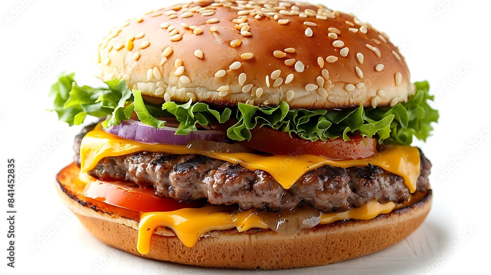 A cheeseburger with two beef patties cheese lettuce tomato and onion isolated on white background A cheeseburger with two beef patties cheese lettuce tomato and onion isolated on white background