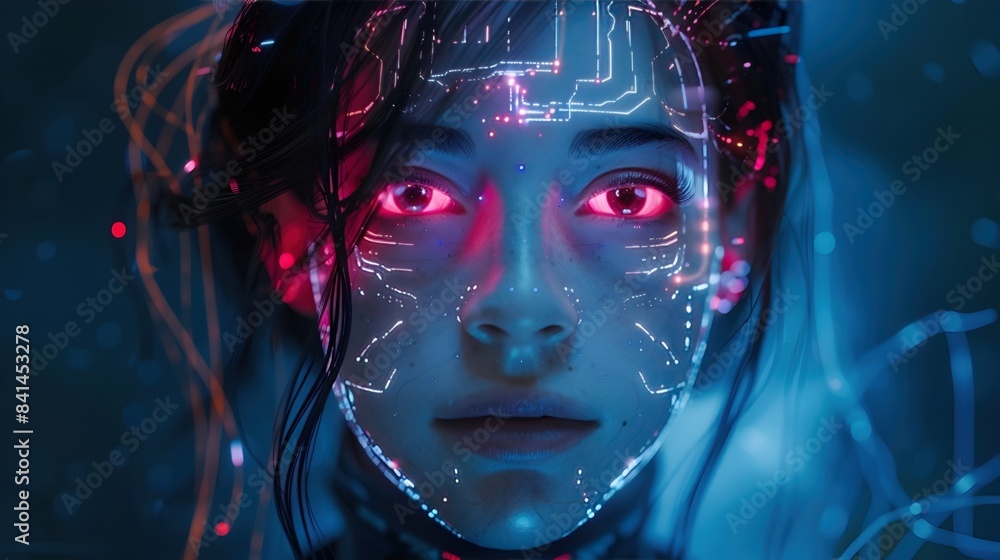 Striking Neon Cyberhuman Portrait with Augmented Form, Luminescent LED Eyes, and Swirling Halo against Dark Background Striking Neon Cyberhuman Portrait with Augmented Form, Luminescent LED Eyes, and Swirling Halo against Dark Background