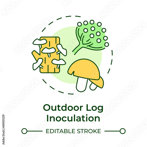 Outdoor log inoculation multi color concept icon. Seasonal mushroom farming. Fungiculture. Mushroom cultivation. Round shape line illustration. Abstract idea. Graphic design. Easy to use in article