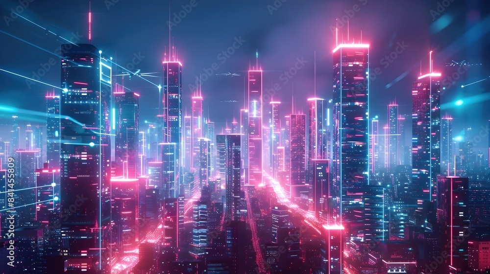 Vibrant Neon-Infused Cityscape at Night with Towering Data Centers and Autonomous Delivery Drones Vibrant Neon-Infused Cityscape at Night with Towering Data Centers and Autonomous Delivery Drones