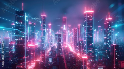 Vibrant Neon-Infused Cityscape at Night with Towering Data Centers and Autonomous Delivery Drones